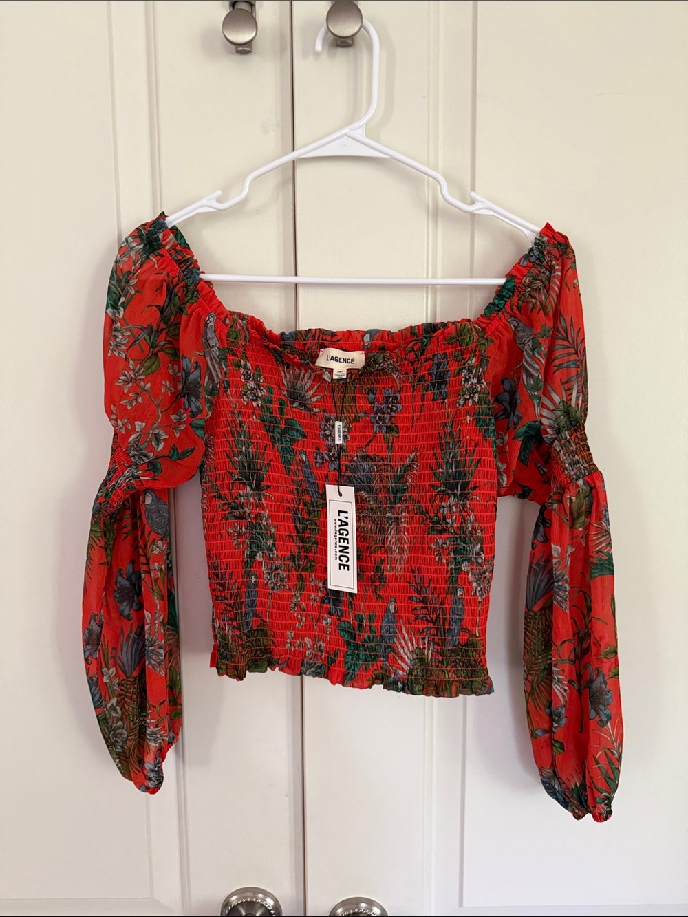 L'AGENCE orange Floral Off-Shoulder Smocked Crop Top